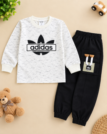 2-Piece Kids Winter Tracksuit | White Melange Sweatshirt & Black Cargo Jogger Trouser Set